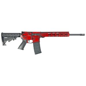 Red custom AR-15 rifle on white background.