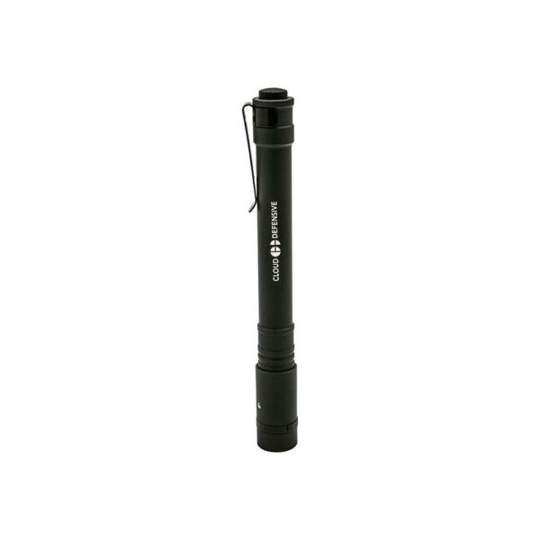 Black tactical flashlight with pocket clip.