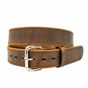 Brown leather belt with silver buckle