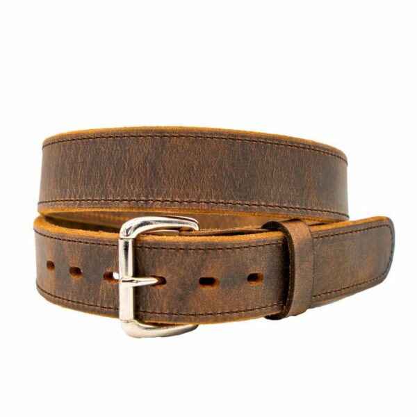 Brown leather belt with silver buckle