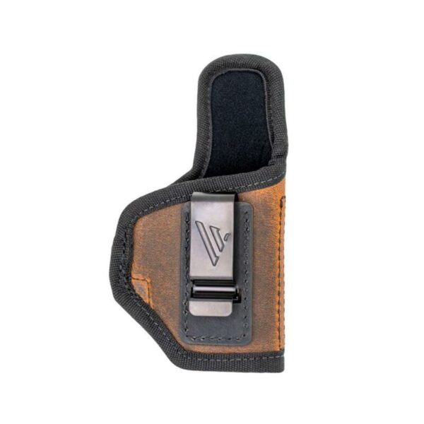 Leather gun holster with metal clip attachment.