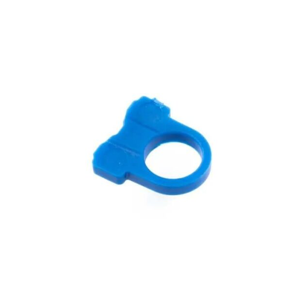 Blue plastic finger ring for poultry identification.