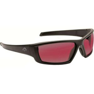 Black frame sunglasses with pink lenses.