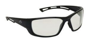 Black wraparound safety glasses with clear lenses.