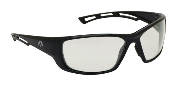 Black wraparound safety glasses with clear lenses.