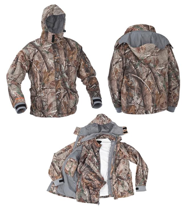 Camouflage jackets front, back, and open view