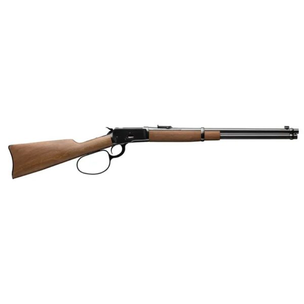 Lever-action rifle with wood stock and steel barrel.