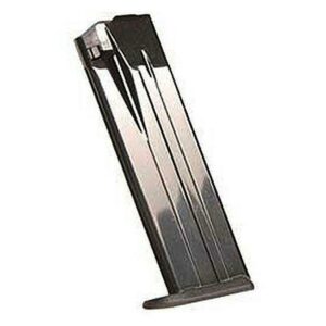 Black metal gun magazine on white background