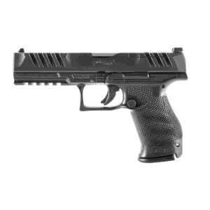 Black semi-automatic handgun, side view