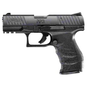 Black semi-automatic handgun, side view.