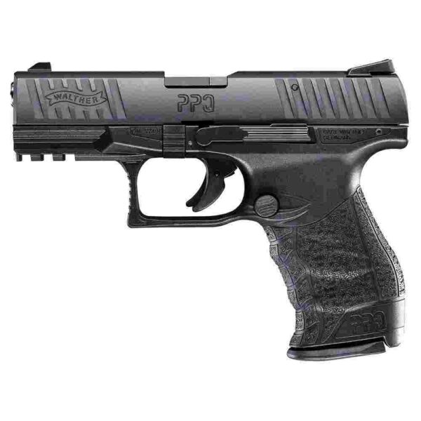 Black semi-automatic handgun, side view.