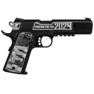 Black pistol with engraved political messages.
