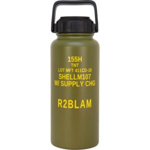 Green military-inspired water bottle with yellow text.