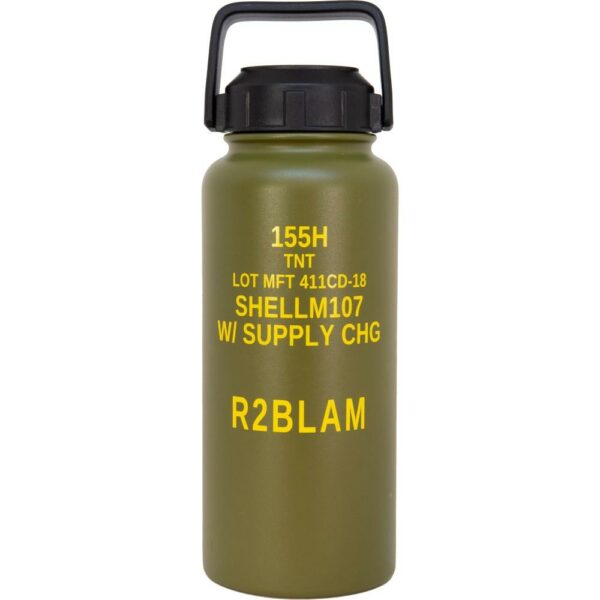Green military-inspired water bottle with yellow text.