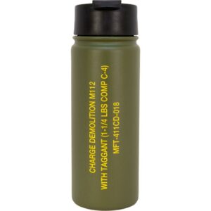 Military-style green bottle with yellow text.