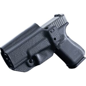 Pistol in black textured holster, side view.