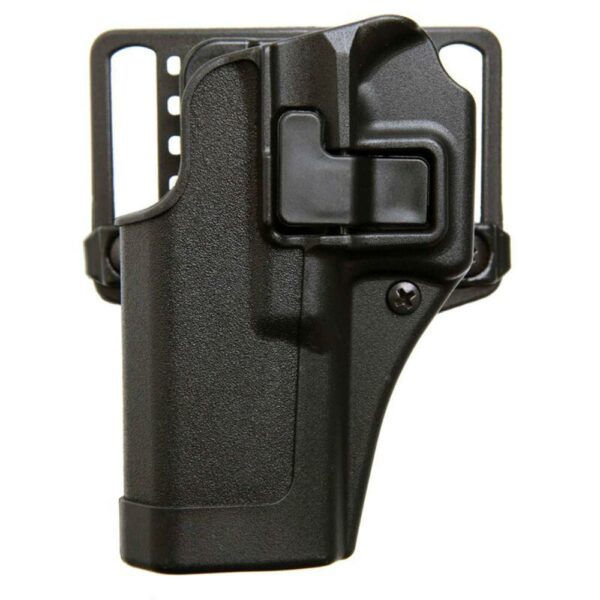 Black tactical holster, close-up view