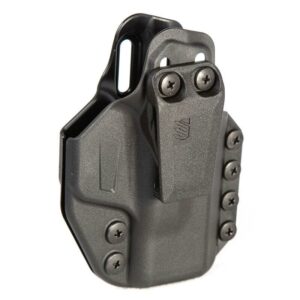 Black gun holster with mounting screws.