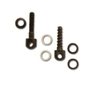 Two screws with assorted washers on white background.