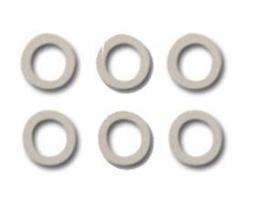 Six beige rubber washers on white background.