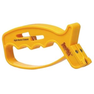 Yellow handheld knife sharpener with ergonomic grip.