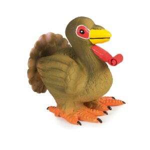 Rubber turkey toy with red and yellow features.