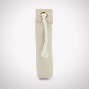 Beige canvas door draft stopper with rope loop.