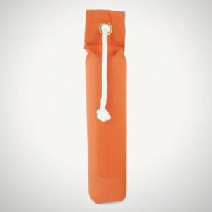 Orange fabric door draft stopper with rope loop.