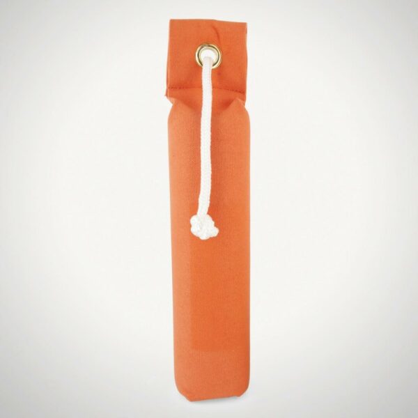Orange fabric door draft stopper with rope loop.