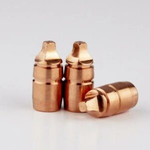 Three copper bullet projectiles on white background.