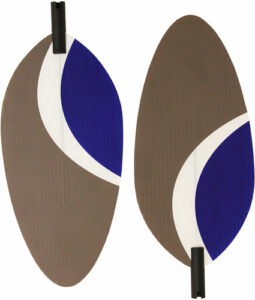 Two brown and blue kayak paddles.