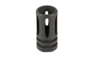 Steel firearm muzzle brake isolated on white background.