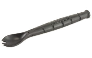 Black plastic spork with ergonomic handle