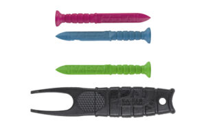 Colorful polymer spikes and black crowbar tool.