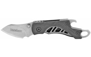 Compact folding knife with black and silver design.