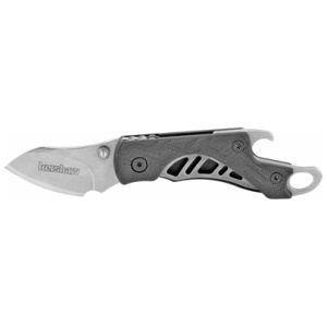 Compact folding knife with black and silver design.