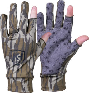 Camouflage fingerless gloves with logo pattern design.