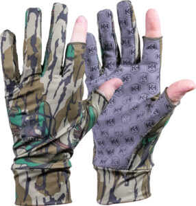 Camouflage hunting gloves on display.