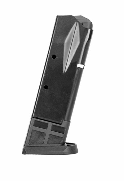 Black handgun magazine isolated on white background.