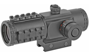Tactical red dot rifle sight, black angle view.