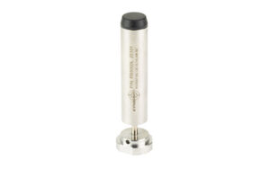 Silver cylindrical industrial sensor with base mount.