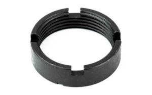 Steel threaded lock ring on white background