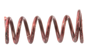 Rusty metal coil spring on white background.