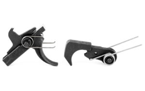Two black metal gun parts on white background.