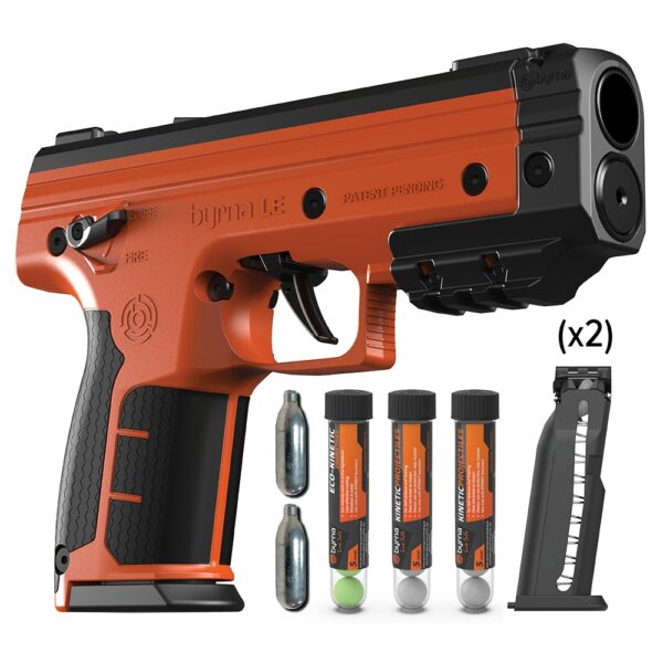 Orange non-lethal self-defense kit with accessories.