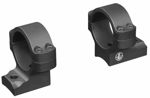 Black tactical scope rings for mounting optics.