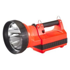 Red handheld spotlight with black grip handle.