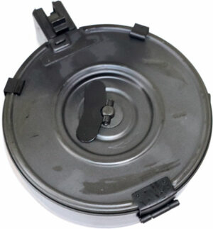 Round metal machine gun drum magazine