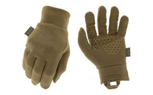 Brown tactical gloves with grip texture.