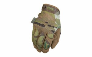 Camouflage tactical glove with brown accents.
